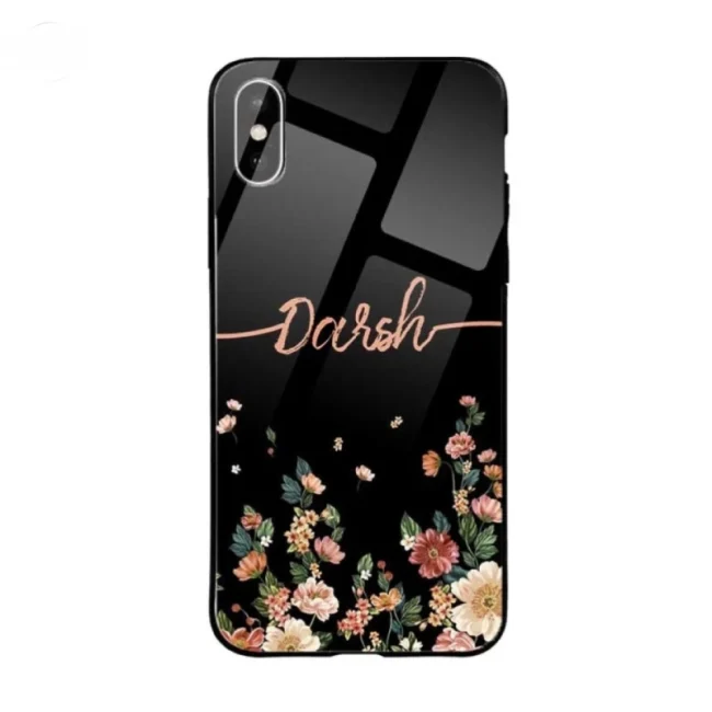 Glossy Protective Case With Black Floral Wave Name